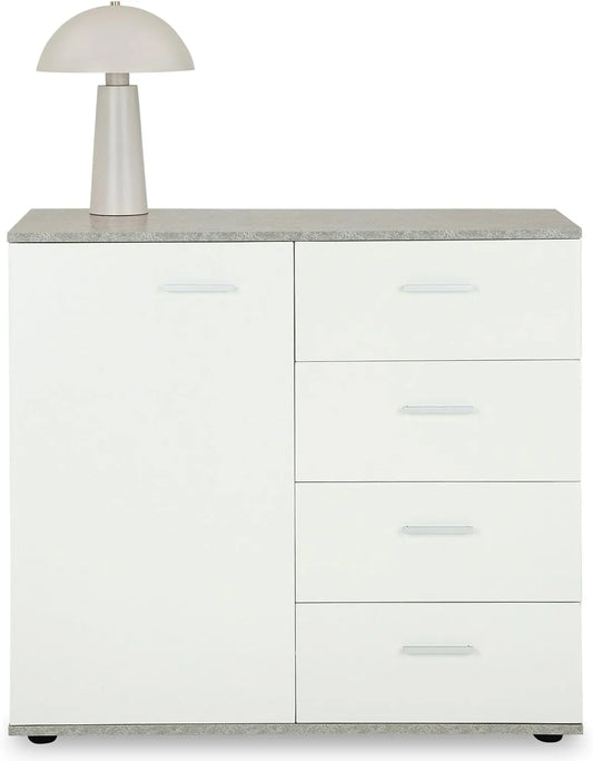 Buffet de Rangement Chicago, 91 cm, Bois Effet Béton et Blanc, 4 Tiroirs et 1 Porte, Meuble pour Cuisine ou Salle à Manger