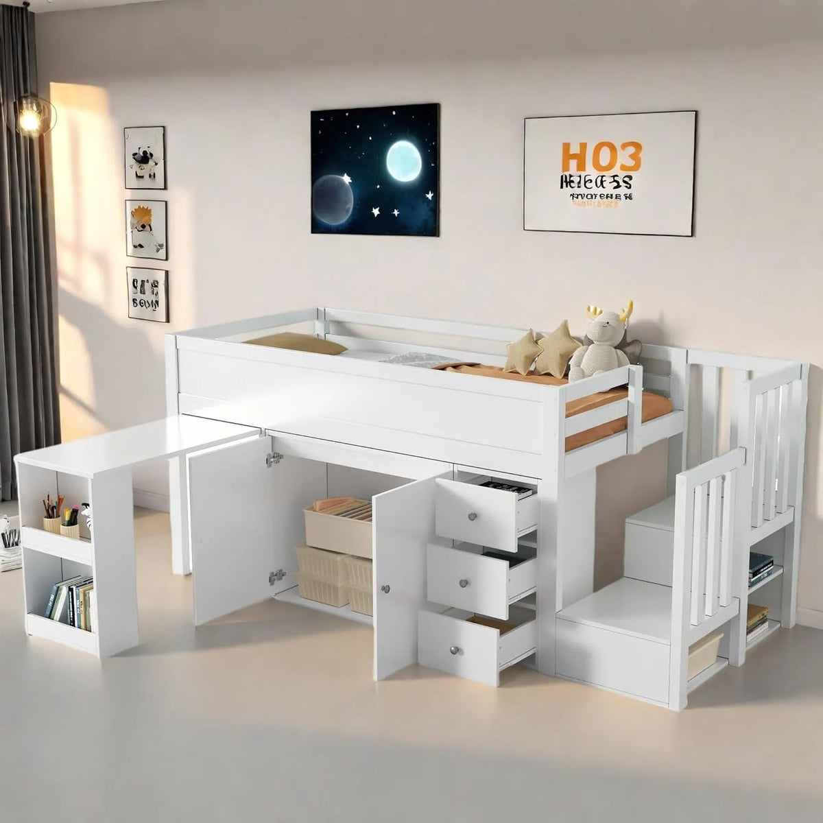 Lit Cabane Enfant 90x200 avec Bureau et Rangement, Lit Superposé avec Placard, Lit Mezzanine Blanc en MDF