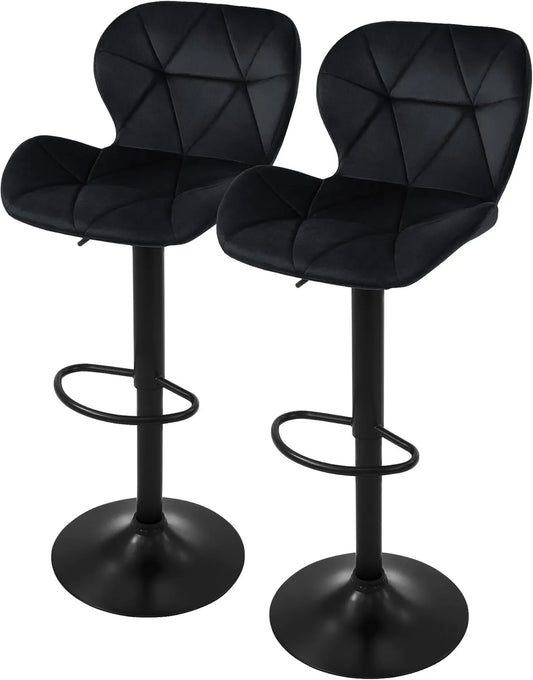 Lot de 2 Tabourets de Bar en Velours Noir avec Dossier, Hauteur Réglable 59-79 cm, Pivotants 360°, Idéal pour Cuisine et Bar