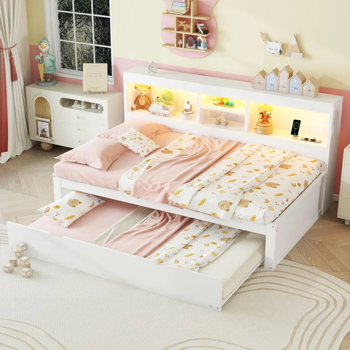 Banquette-lit 90x200 cm avec gigogne et LED, 1 place, USB et prise, rangement latéral, sans matelas (Blanc)