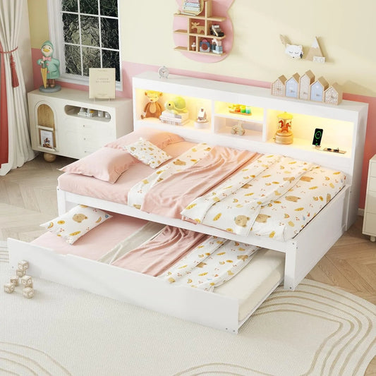 Banquette-lit 90x200 cm avec gigogne et LED, 1 place, USB et prise, rangement latéral, sans matelas (Blanc)