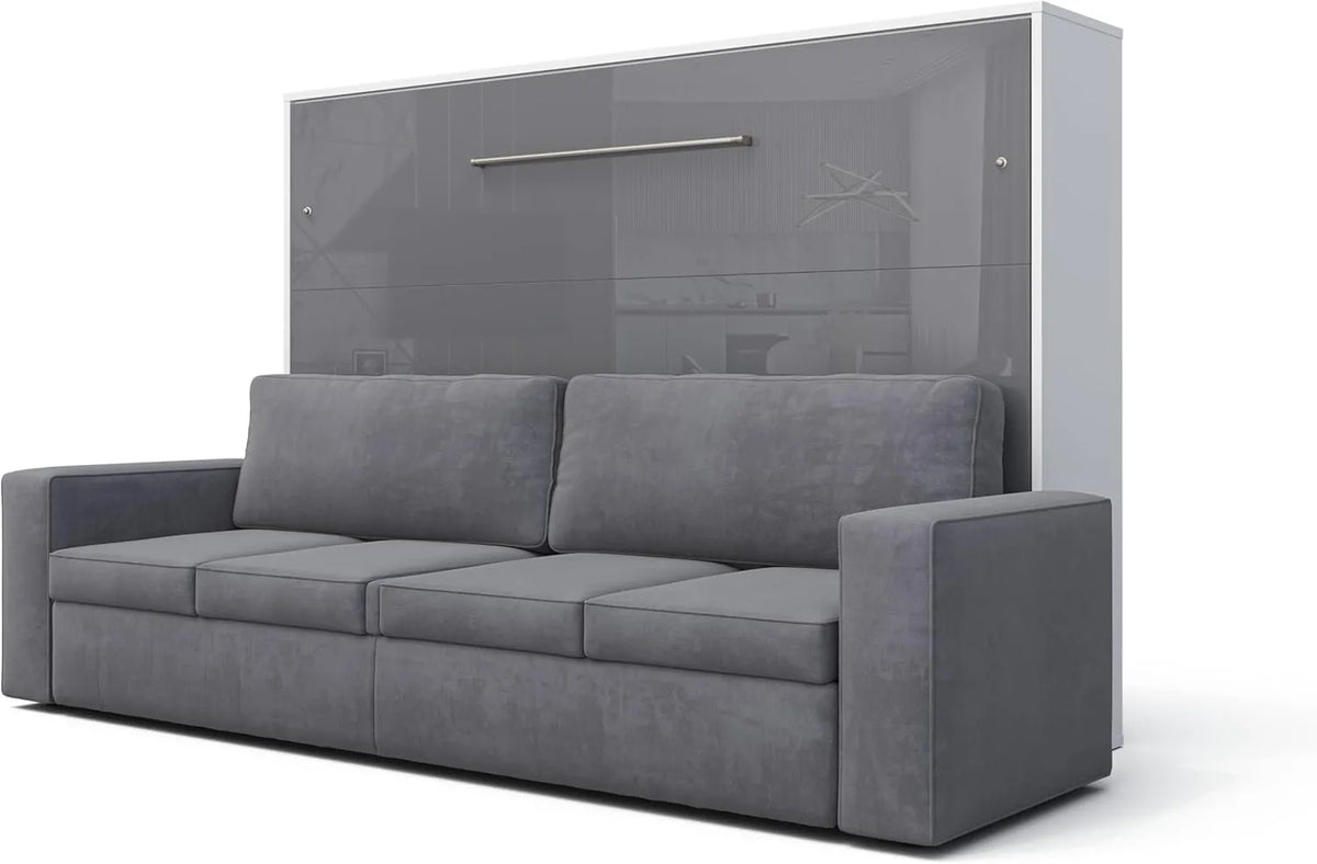 Lit escamotable avec canapé et éclairage LED, couleur blanc/gris