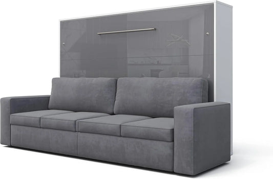 Lit escamotable avec canapé et éclairage LED, couleur blanc/gris
