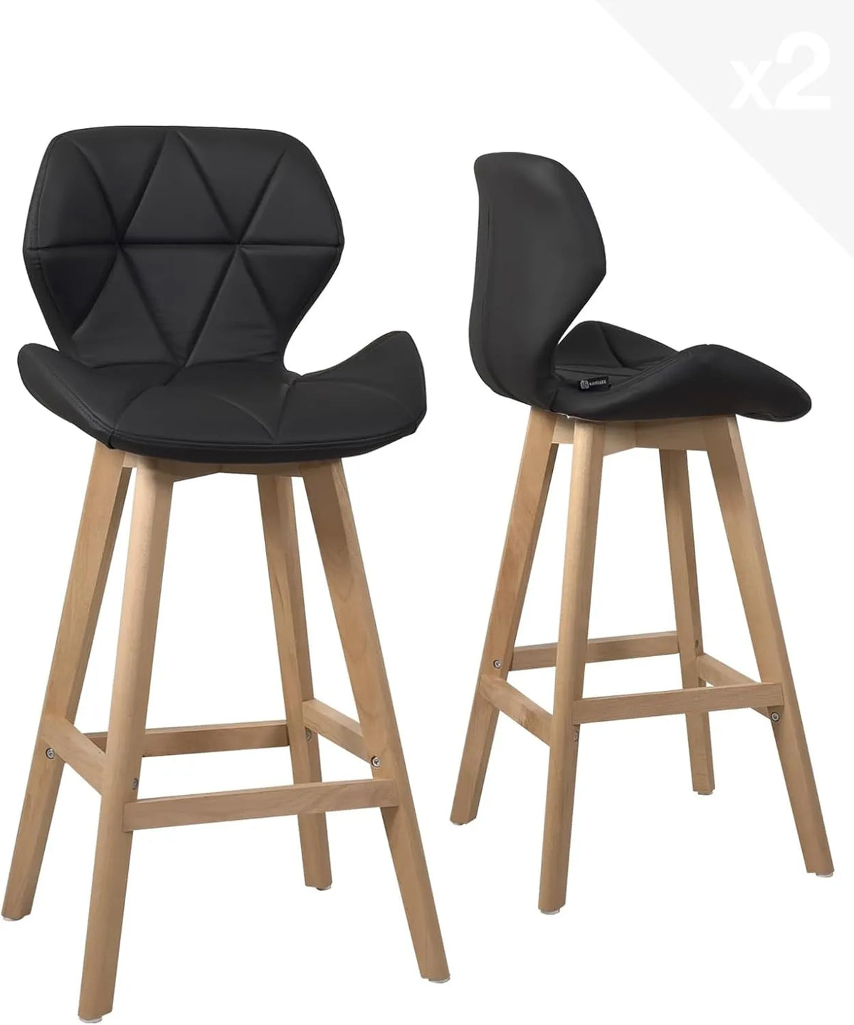 KAYELLES Ensemble de 2 Chaises de Bar Scandinaves avec Siège en Simili Cuir Rembourré et Dossier, Hauteur 67 cm, Pieds en Bois de Hêtre, Noir