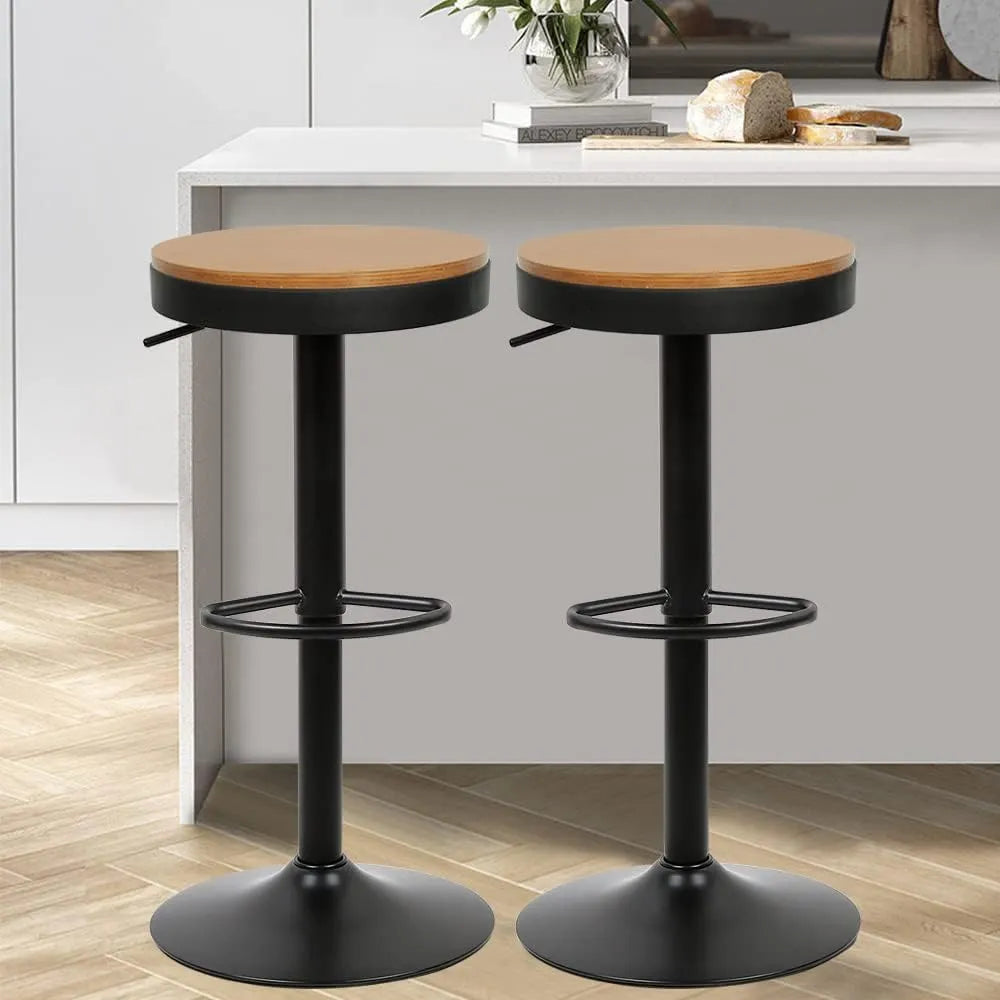 Tabourets de Bar Réglables en Bois, Ensemble de 2, Pivotants à 360°, Style Vintage Noir et Marron