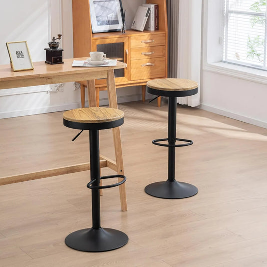 Ensemble de 2 Tabourets de Bar Réglables 360° en Bois et Métal Noir - Kidol & Shellder pour Cuisine et Bistro