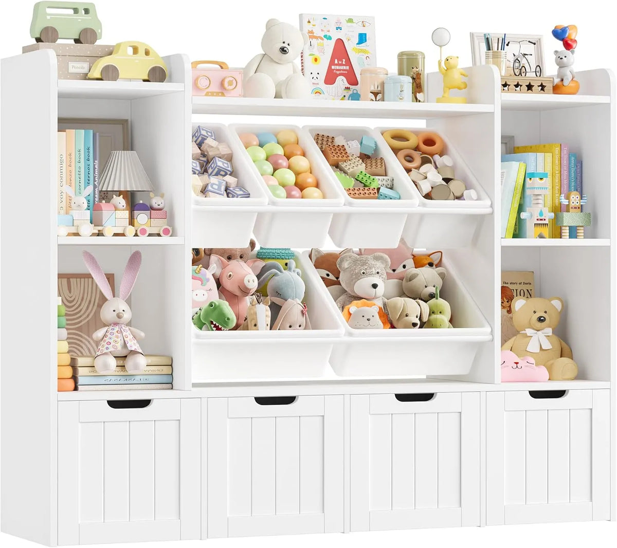 Meuble de Rangement Enfant 140 cm avec Étagères et Boîtes de Jeu - Blanc