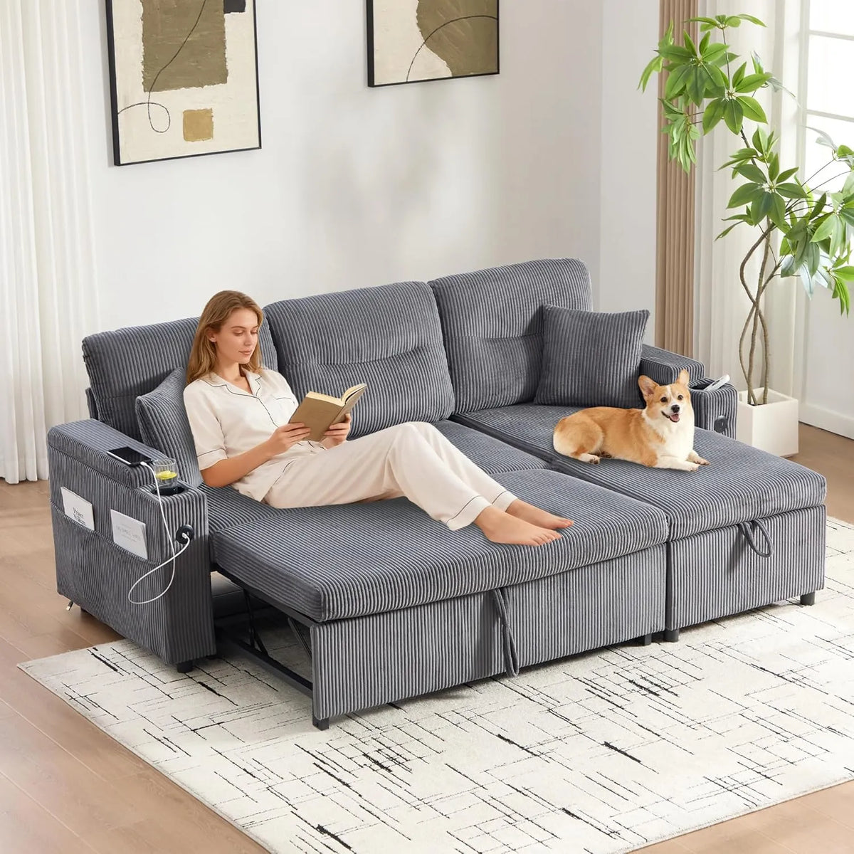 Sofa d'angle convertible en velours côtelé avec rangements, porte-gobelets et port USB-C, canapé-lit moderne 3 places (Gris Carbone)