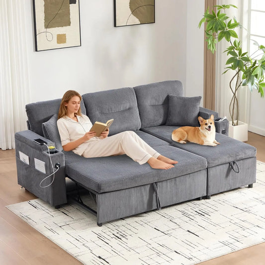 Sofa d'angle convertible en velours côtelé avec rangements, porte-gobelets et port USB-C, canapé-lit moderne 3 places (Gris Carbone)