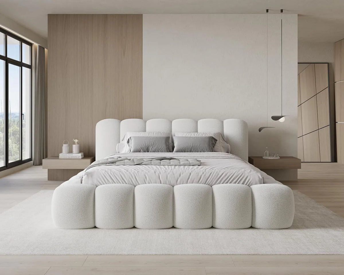 Lit Double Chilly Design en Tissu Bouclé Blanc avec Coffre 160x200
