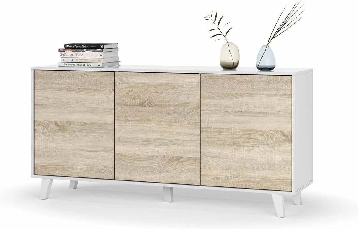 Buffet Bora 3 Portes en Bois Blanc Brillant et Chêne Canadien, 154x75x41 cm
