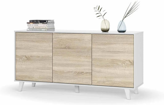 Buffet Bora 3 Portes en Bois Blanc Brillant et Chêne Canadien, 154x75x41 cm