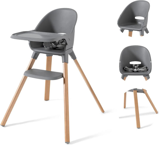 Chaise Haute Bébé Twistshake - Bois de Hêtre - Gris avec Plateau Détachable et Harnais 5 Points pour 6 à 36 Mois