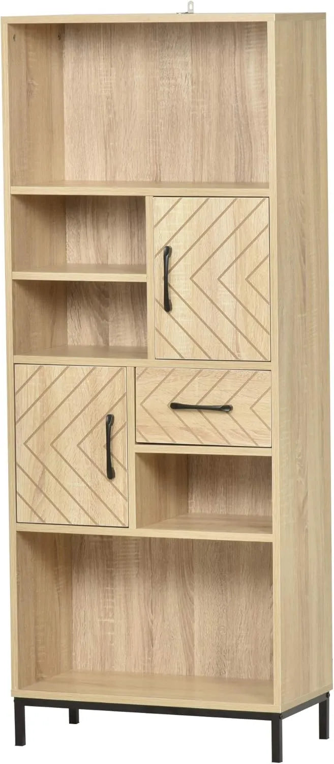 Buffet Haut de Cuisine en Bois Chêne Clair avec Pieds Métal Noir et Rangements Multiples
