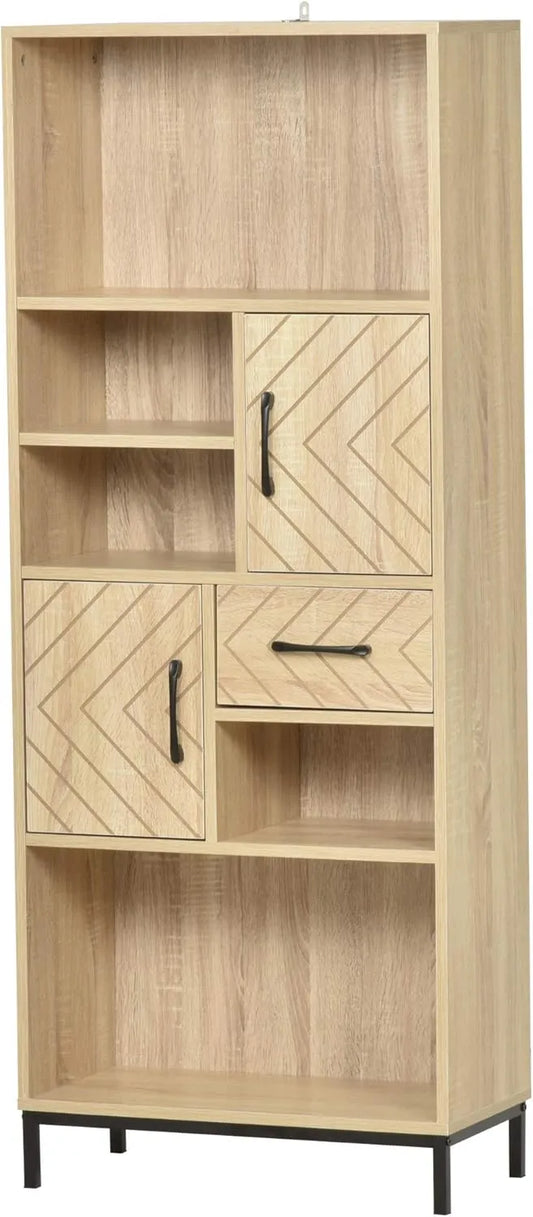 Buffet Haut de Cuisine en Bois Chêne Clair avec Pieds Métal Noir et Rangements Multiples