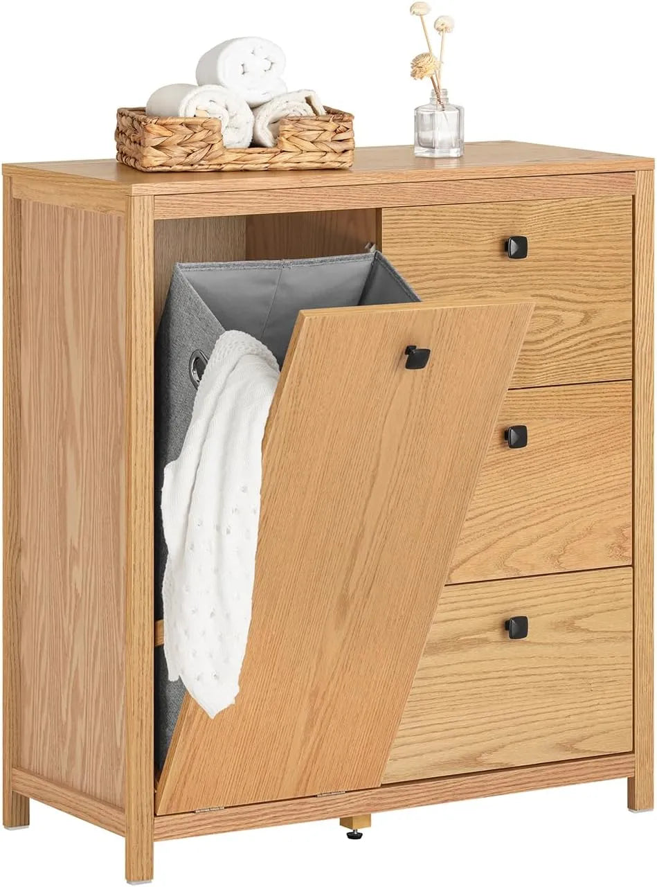 Armoire de Salle de Bain en Bois avec Tiroirs et Panier à Linge - 80x35x90 cm