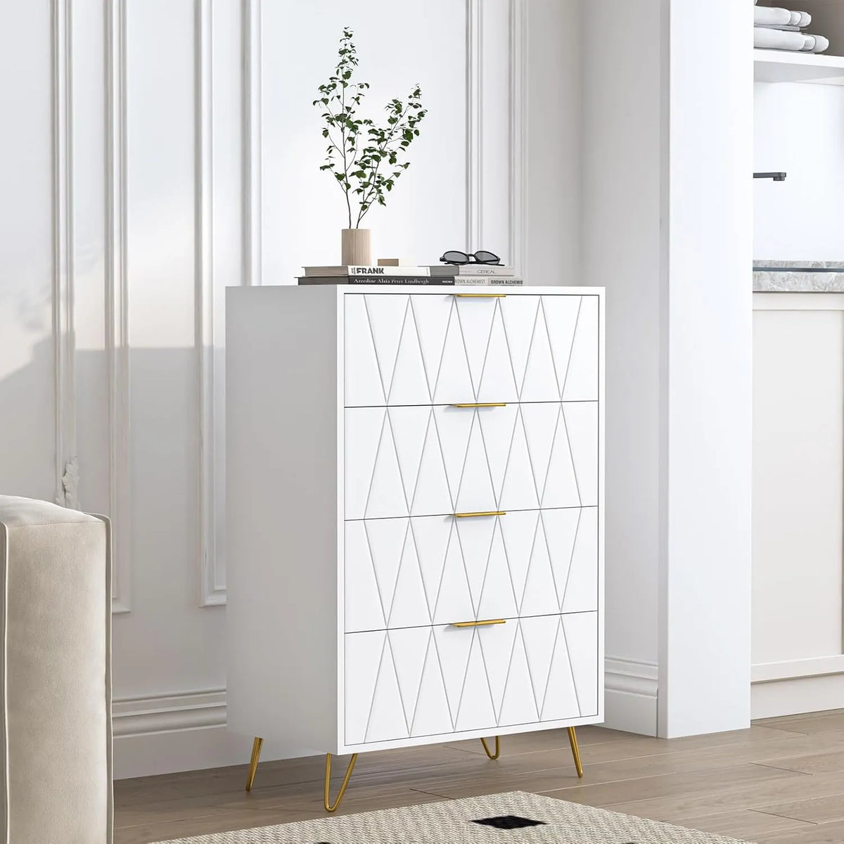 Commode 4 Tiroirs Blanc avec Structure Métallique, Rangement Spacieux pour Salon ou Chambre, Dimensions 60 x 34 x 90 cm