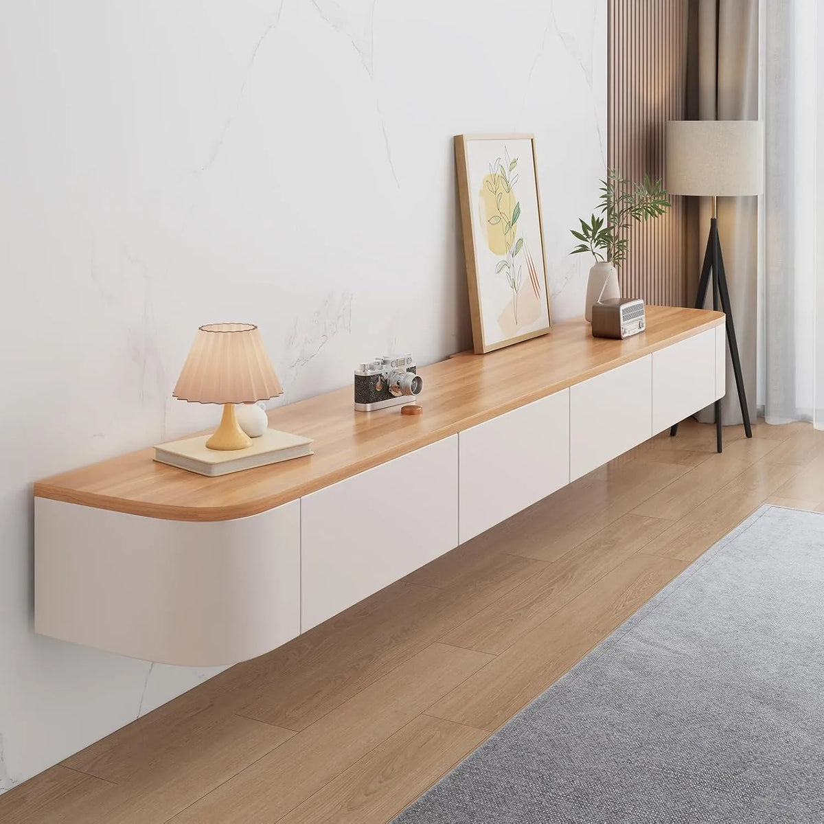 Support TV Mural avec Rangement, Étagères Suspendues en Bois, Console Multimédia 180CM