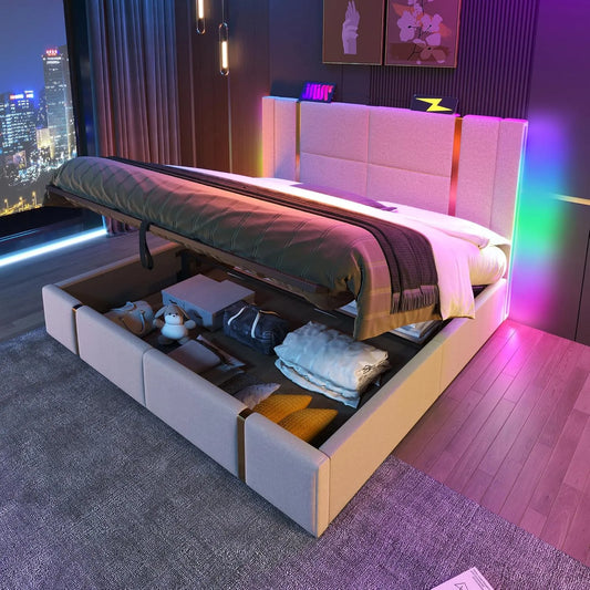 Cadre de Lit 180x200 cm avec Rangement et LED, Chargeur USB Type-C, Tissu Lin Beige