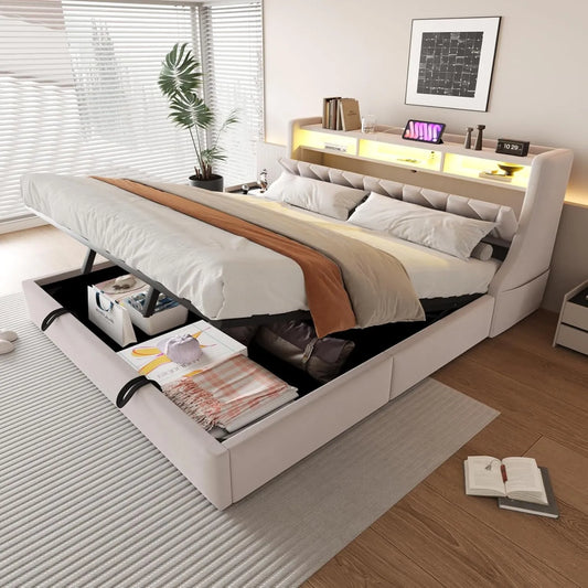 Lit Sweiko 180x200 cm, sommier hydraulique, velours beige, avec prise électrique et rangement