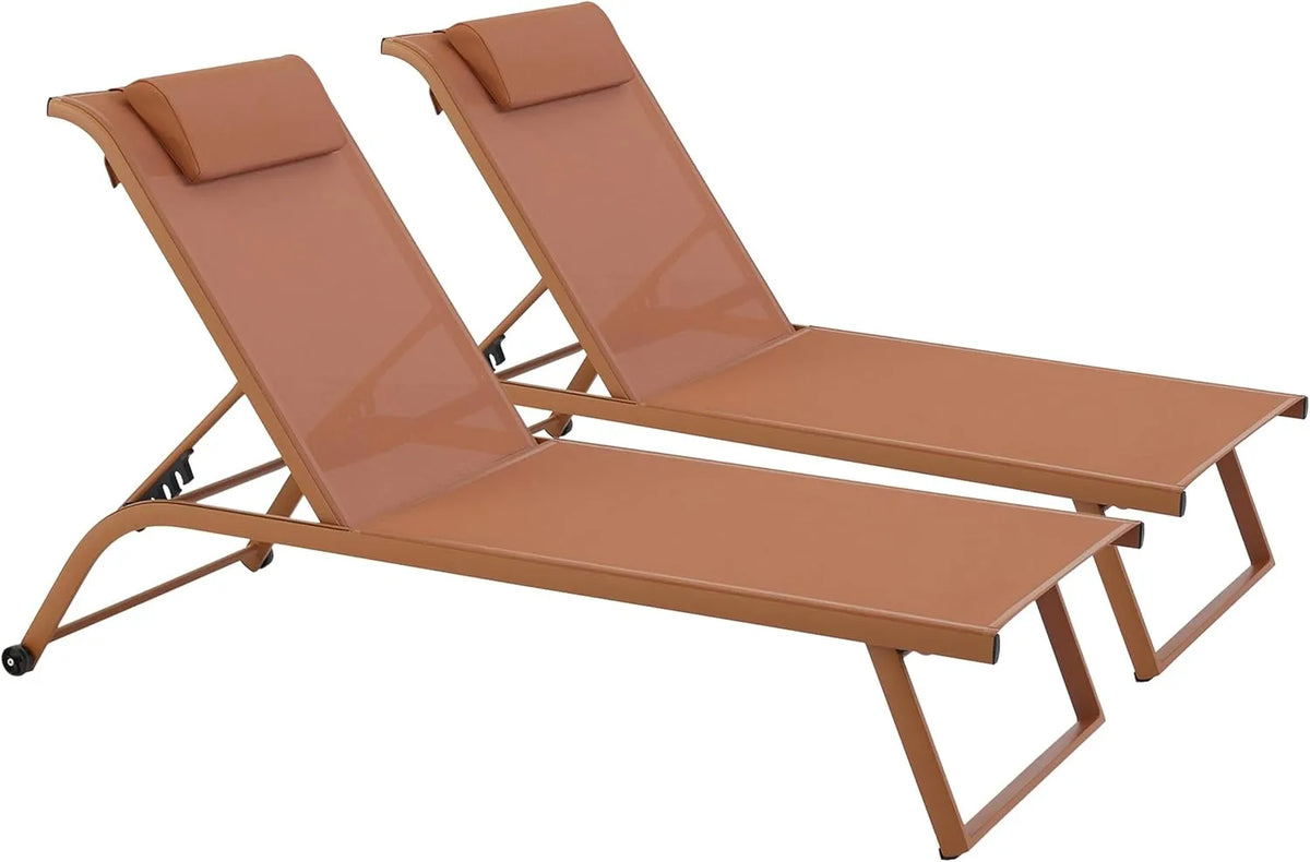 Ensemble de 2 Chaises Longues Inclinables avec Roulettes Terracotta