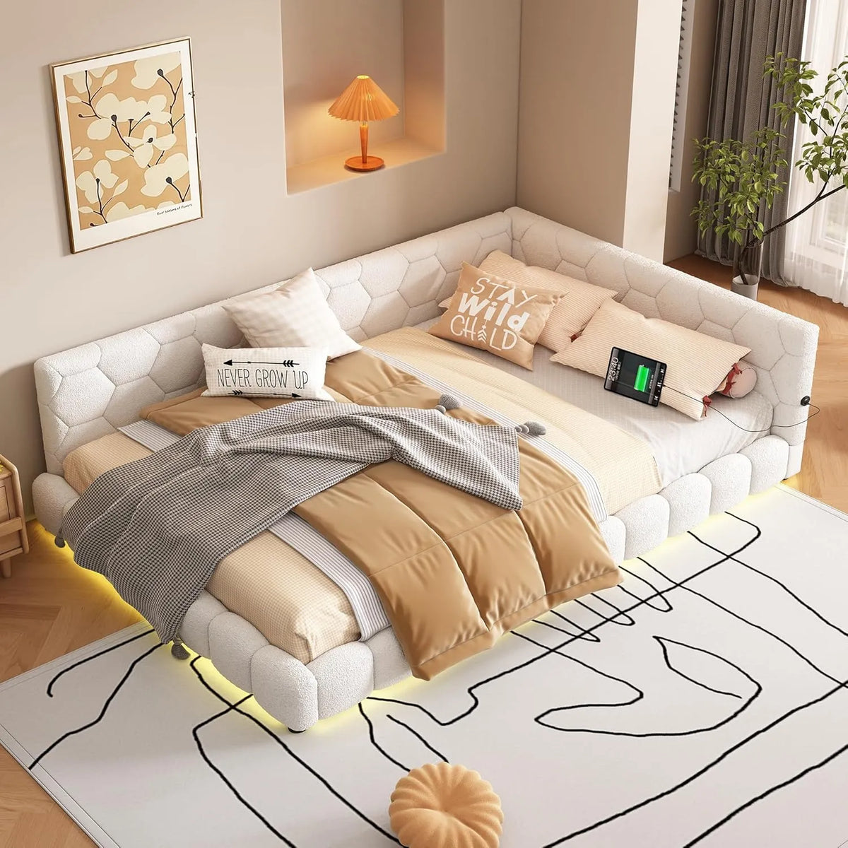 Canapé-lit Méridienne Blanc 140x200 cm avec Éclairage Ambiance et USB Type-C