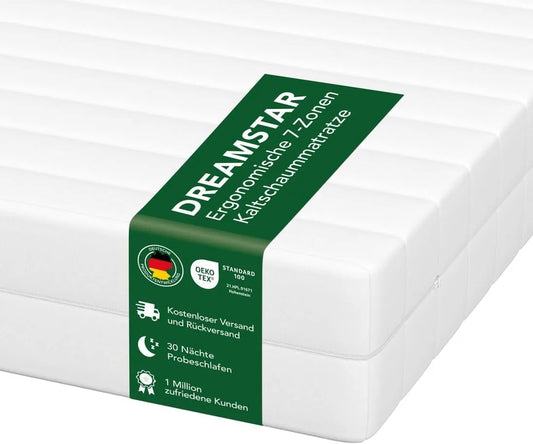 Matelas Ergonomique DREAMSTAR, Mousse Froide, 7 Zones, Certifié Öko-Tex, Fermeté H2/H3, 21 cm, 140x190 cm