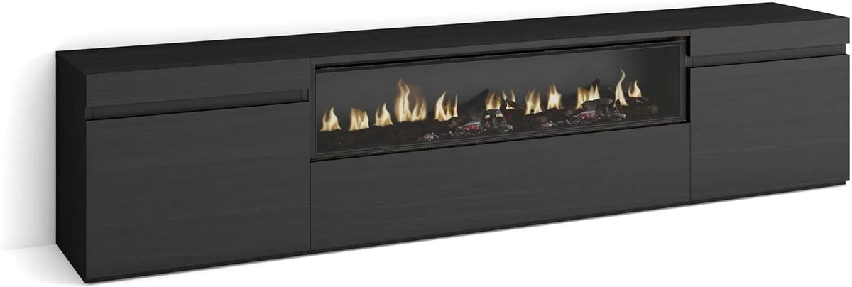 Meuble TV Moderne avec Rangements et Cheminée Électrique, 200x45x35cm, Pour Téléviseurs jusqu'à 80 Pouces, Couleur Noire