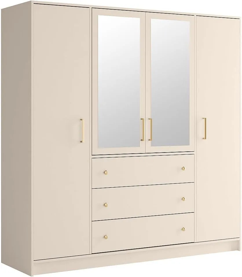Armoire Moderne 4 Portes avec Miroirs et 3 Tiroirs - L196 cm - Beige et Doré - Modèle Lizandro