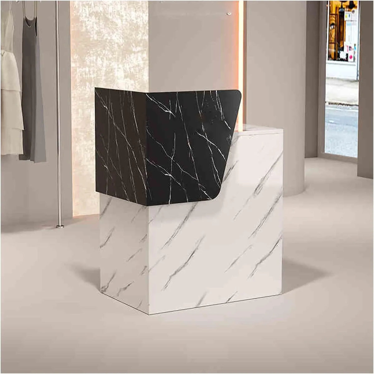 Comptoir compact blanc avec tiroir sécurisé et étagères ouvertes pour salons et bureaux de réception - 60 x 40 x 95 cm