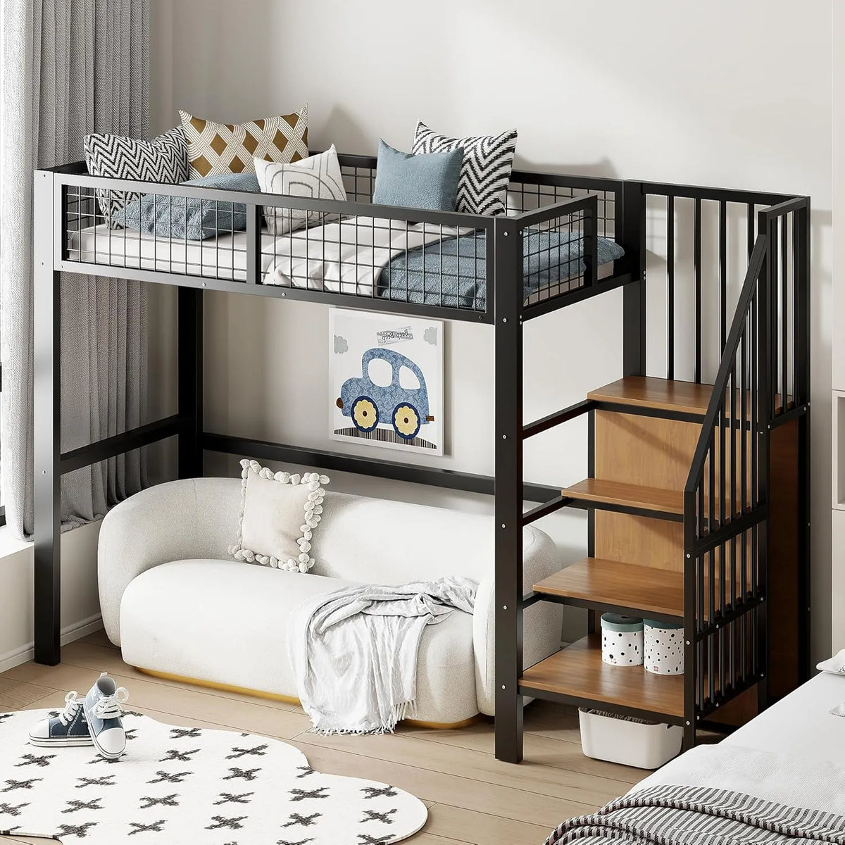 Lit Mezzanine Multifonctionnel 90x200 cm avec Armoire et Escalier - Métal Noir