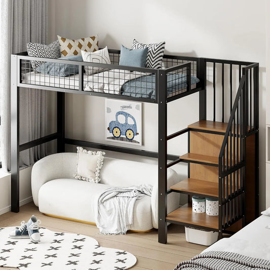 Lit Mezzanine Multifonctionnel 90x200 cm avec Armoire et Escalier - Métal Noir