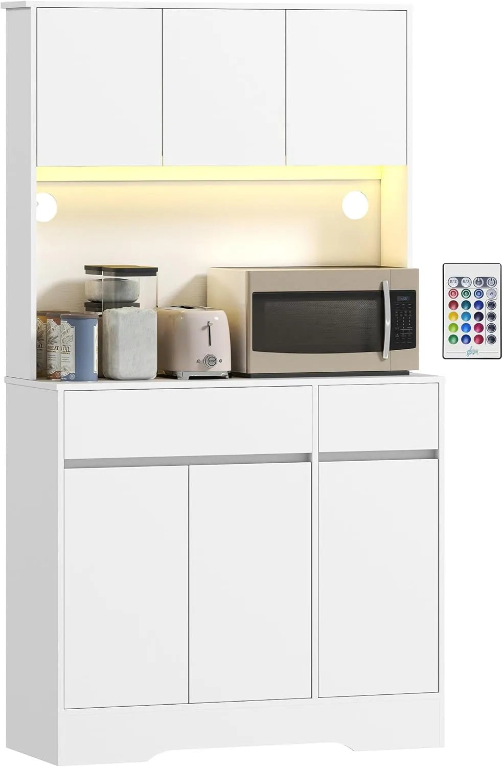 Buffet de Cuisine Blanc avec Éclairage LED RGB, Grand Rangement avec 6 Portes et 2 Tiroirs, Étagères Ajustables et Télécommande, 100x38x180cm