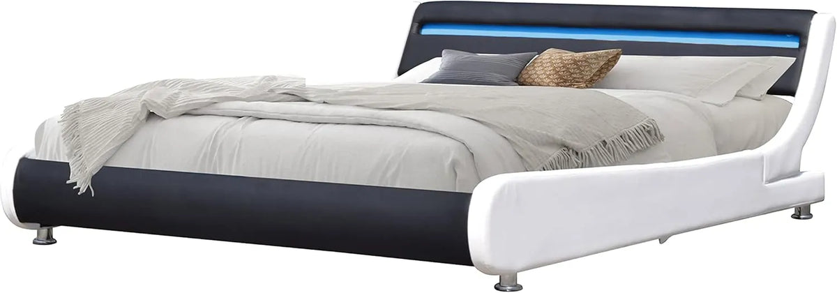 Cadre de Lit LED Incurvé 120x190 avec Sommier et Tête de Lit en Similicuir Blanc et Noir