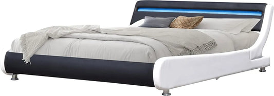 Cadre de Lit LED Incurvé 120x190 avec Sommier et Tête de Lit en Similicuir Blanc et Noir