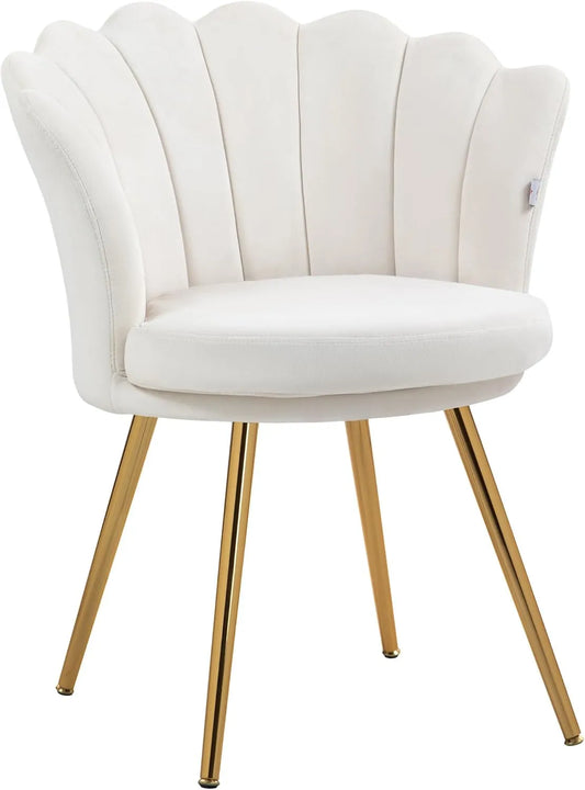 Fauteuil Coquillage en Velours avec Pieds Métal Doré pour Salon et Chambre - 67 x 64 x 77 cm - Crème