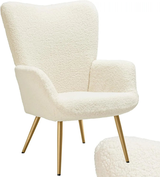 Fauteuil Relax Scandinave en Tissu Bouclette avec Dossier Ergonomique - Crème/Or