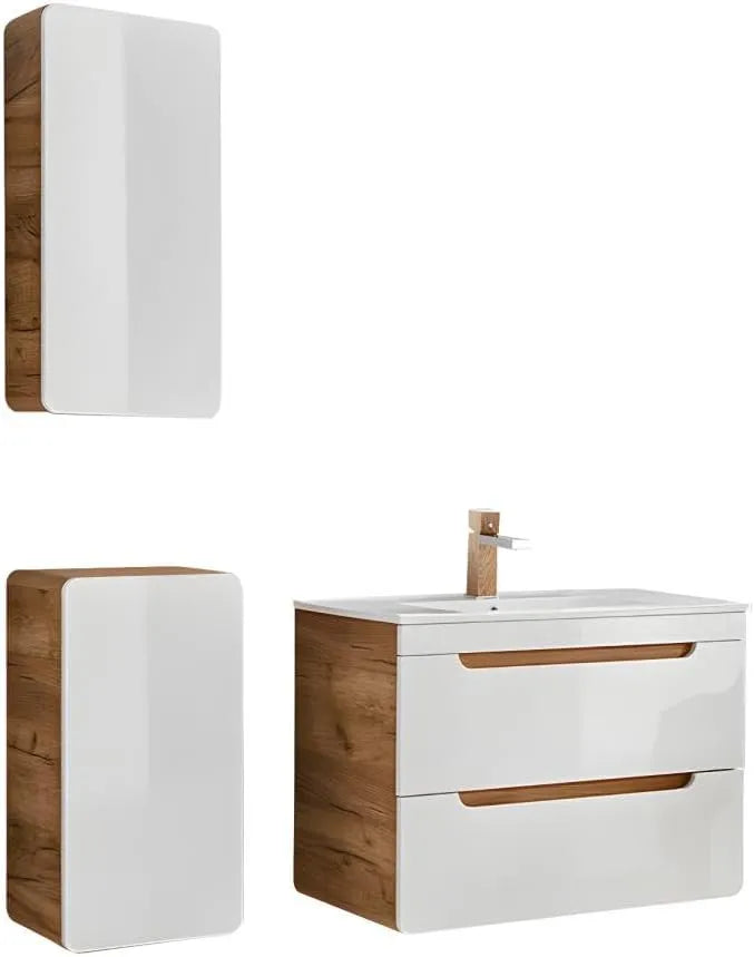 Meuble de Salle de Bain Suspendu Aruba 80 cm avec Vasque Intégrée et Deux Colonnes, Finition Naturel et Blanc