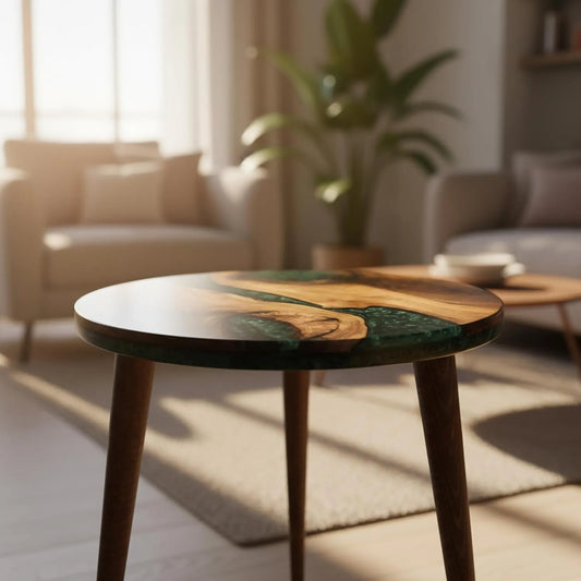 Table d'appoint ronde en résine et noyer de 50,8 cm - Époxy verte, style moderne et milieu du siècle