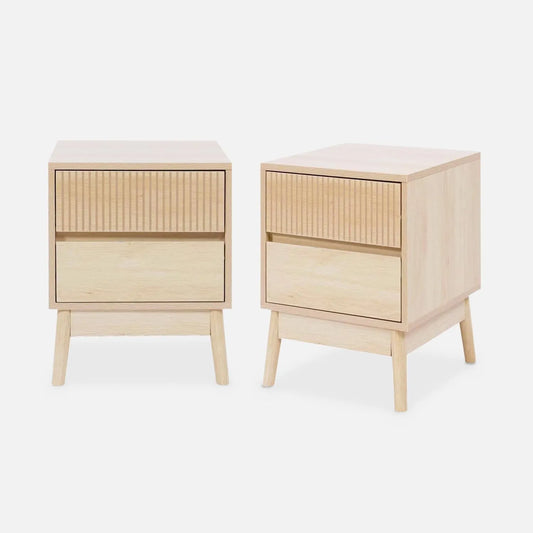 Ensemble de 2 Tables de Chevet en Bois avec Pieds en Pin et Deux Tiroirs