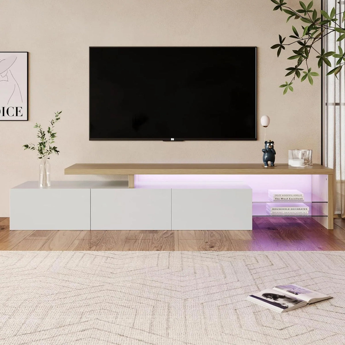 Meuble TV moderne avec éclairage LED et étagères en verre, 3 portes, pour salon et chambre, 200 x 39 x 42 cm