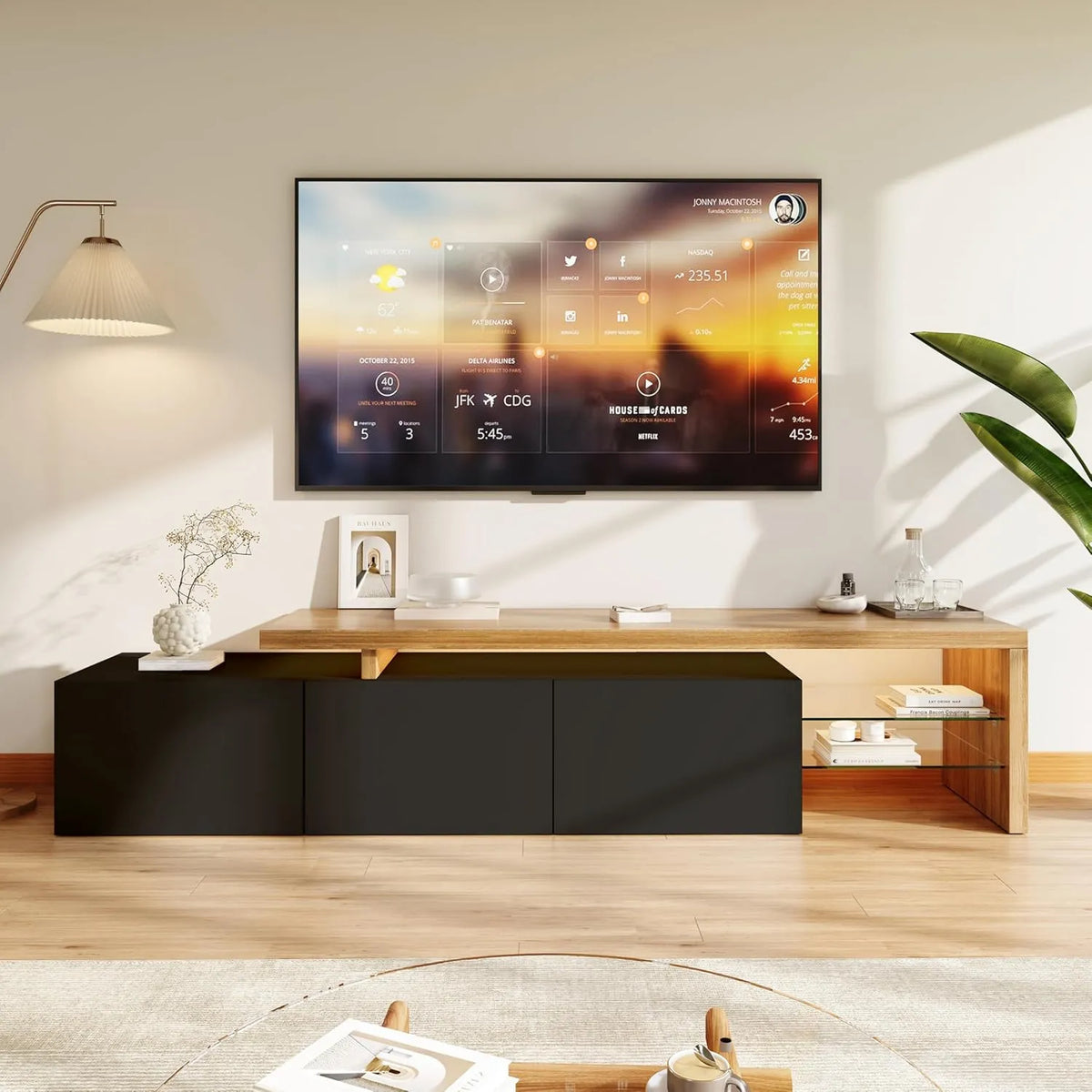 Meuble TV Moderne avec LED, Étagères en Verre et Rangements, 200x39x42 cm, Blanc
