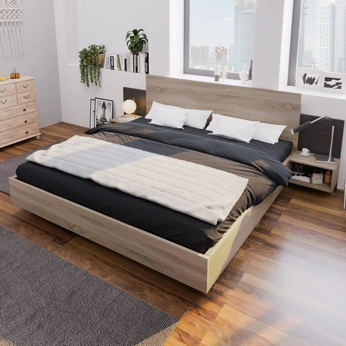 Ensemble de chambre moderne avec lit double 160x200 cm et tables de chevet en chêne/sonoma gris
