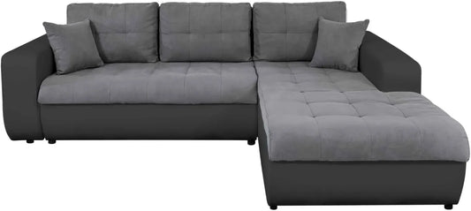 Canapé d'Angle Convertible 4 Places en Simili Cuir/Microfibre Noir-Gris avec Revêtement Capitonné - LOUNGITUDE Suzie
