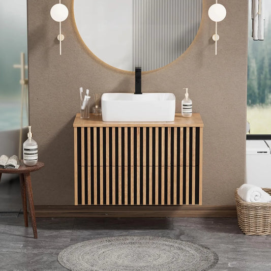 Armoire de Salle de Bain Suspendue 80cm avec Vasque en Céramique, Deux Grands Tiroirs, Finition Naturelle, 80x45x50 cm