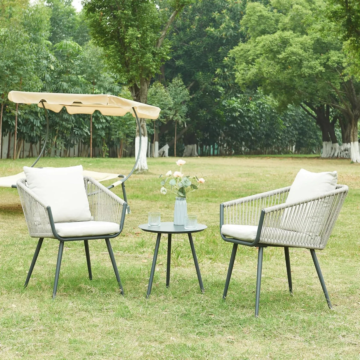 Ensemble Mobilier de Jardin 3 Pièces avec Table Ronde et Chaises Coussins, Bistrot Extérieur Terrasse Balcon