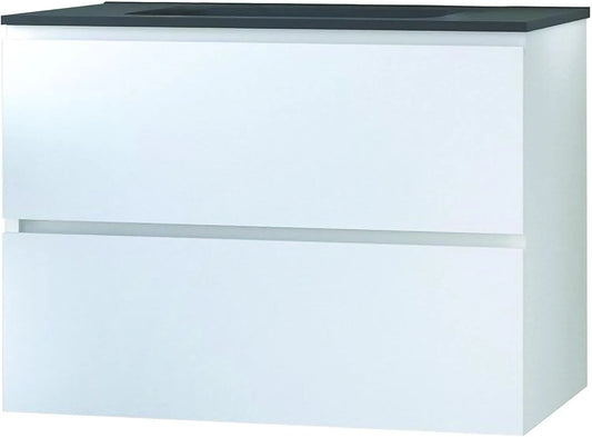 Ensemble de Meuble de Bain Suspendu 80 cm, 2 Tiroirs, Blanc Brillant, Vasque en Résine Noire, Fermeture Douce, Prêt à Installer, Fabriqué en Europe, Modèle Moderne