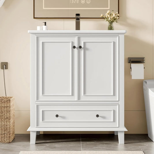 Ensemble de salle de bain moderne 76 cm avec lavabo blanc en céramique et pieds en bois massif – Tiroir à fermeture douce et étagères
