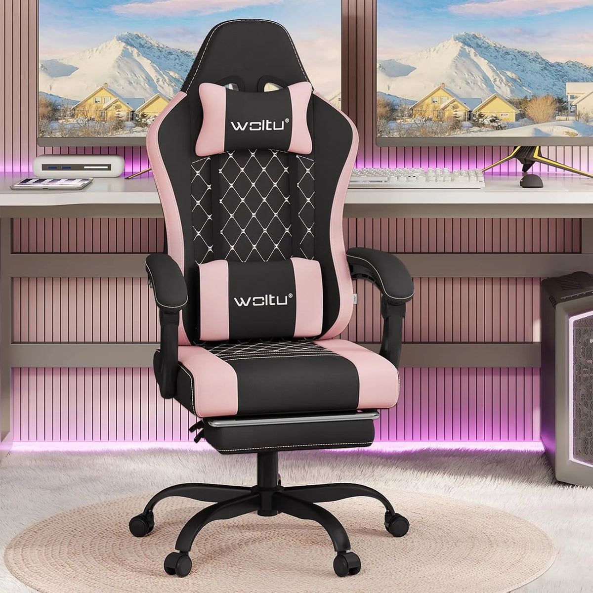 Chaise de Jeu Ergonomique avec Massage, Soutien Lombaire et Repose-Pieds, Charge Maximale 150kg - Noir et Rose