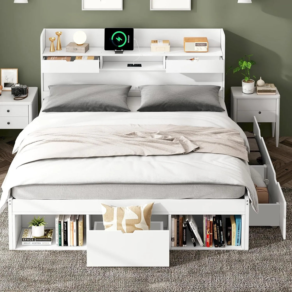 Lit Coffre 140x190 avec Rangement et Ports USB, Blanc